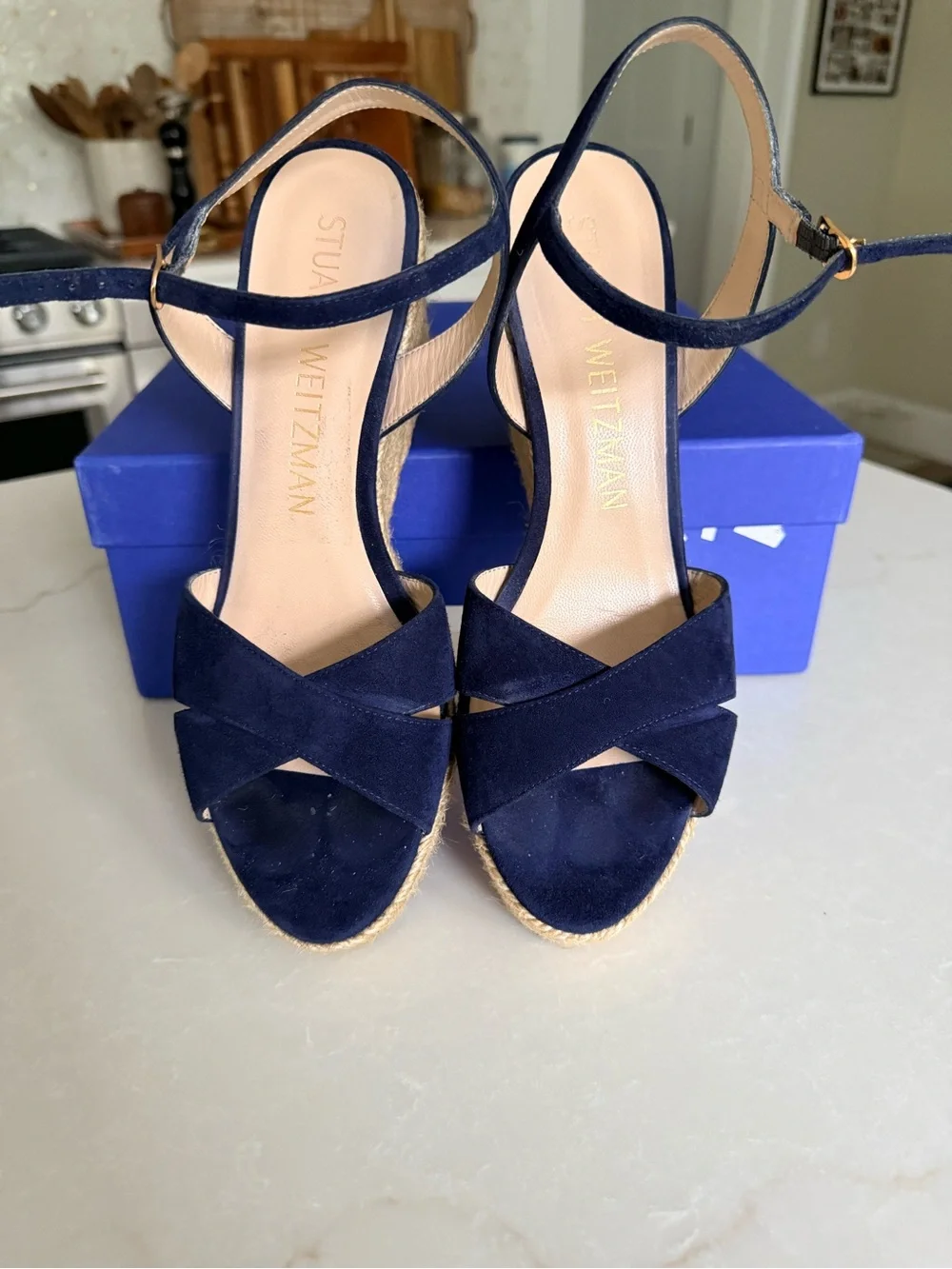 Stuart Weitzman Navy Suede Crisscross Ankle‑Strap Espadrille Wedges